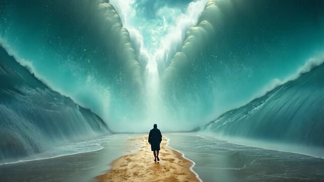 Person Walking Through Parted Ocean Waves
