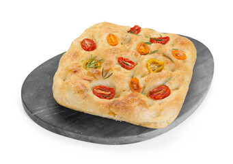 Delicious focaccia with tomatoes and rosemary isolated on white
