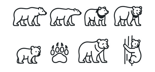 Line style icons of all bear species: brown bear, polar bear, American black bear, Asiatic black bear, sloth bear, sun bear, spectacled bear, bear cub, bear paw, bear climbing.