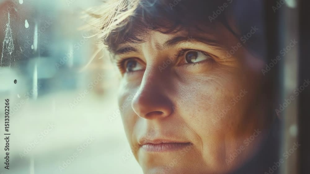 Poster a close-up view of a person's face gazing out a window
