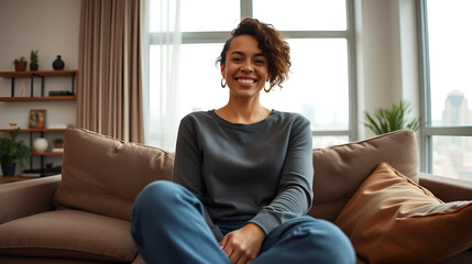Front view portrait of a relaxed person smiling sitting on a couch in the living room at home with a window and a city in background. One woman relaxing indoor on the couch alone with happy expression