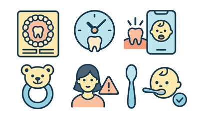 Outline with Fill style icons of baby teething monitoring: eruption chart, molar countdown, gum swelling icon, teething app, baby chew toy, caregiver alert, soft spoon, feeding tip.