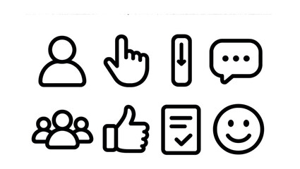 Outline with Fill style icons of user interaction visuals: user avatar, click cursor, scroll icon, chat bubble, user group, thumbs up, activity log, dashboard face.