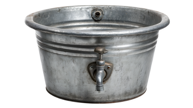 Refurbished metal bucket turned into a sink, isolated on Transparent background