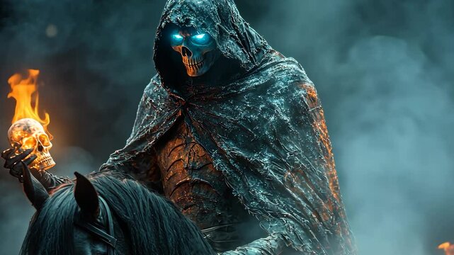 Dark Grim Reaper Riding Horse Holding Flaming Skull
