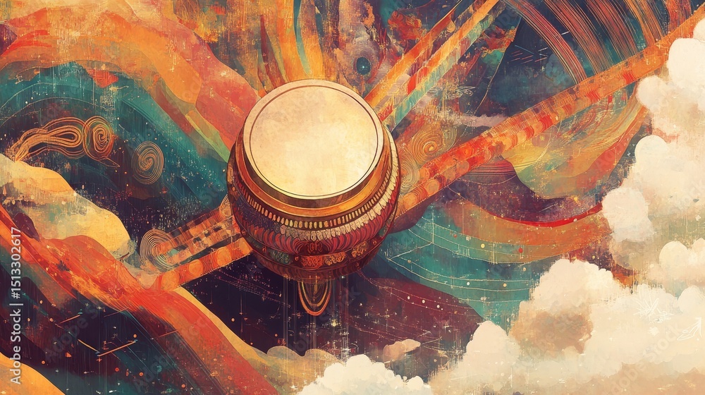 Poster abstract artwork featuring a sphere surrounded by colorful clouds and light.