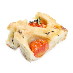 Piece of delicious focaccia with tomatoes and spices isolated on white
