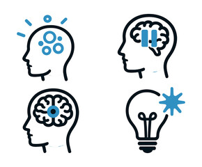 Two-Color vector icons of mental productivity: clear mind icon, pause and reflect, brain focus, creativity spark. Mind map, reflection note, thought clarity, digital breathing.