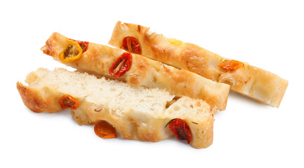 Pieces of delicious focaccia with tomatoes isolated on white