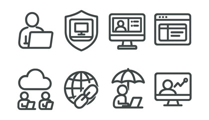 Line style icons of remote work: virtual workspace icon, remote desktop badge, multitasking screen layout, project tabs open, shared workspace cloud, remote access link, work from anywhere symbol,