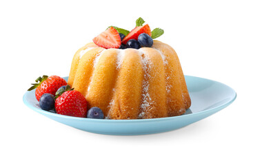 Tasty Bundt cake with powdered sugar and berries isolated on white
