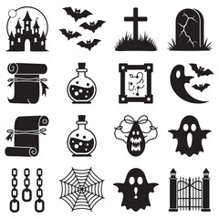 Naklejka premium Halloween icons set spooky black silhouettes