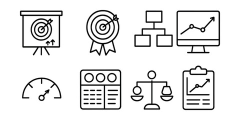 Line style icons of project management: project goals icon, SMART target badge, strategic objective layout, measurable outcome screen, goal progress meter, project KPI board, impact scale chart,