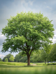 Obraz premium Lone tree in a vibrant green summer park landscape with blue sky and clouds