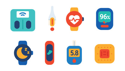 Flat vector icons of smart health devices: smart scale, digital thermometer, heart rate watch, oxygen monitor, sleep tracker, fitness band, glucose meter, wearable patch.