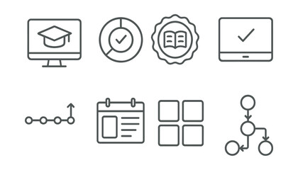 Line style icons of education and learning platforms: online course icon, module progress tracker, lesson overview badge, chapter completion screen, study timeline layout, lecture schedule panel,