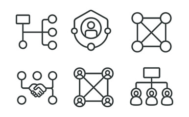 Line style icons of project management: project network map icon, stakeholder diagram badge, collaboration node layout, partner connection lines, interlinked team chart, department sync overview.
