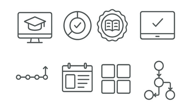 Line style icons of education and learning platforms: online course icon, module progress tracker, lesson overview badge, chapter completion screen, study timeline layout, lecture schedule panel,