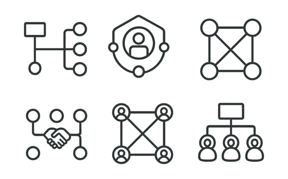 Line style icons of project management: project network map icon, stakeholder diagram badge, collaboration node layout, partner connection lines, interlinked team chart, department sync overview.