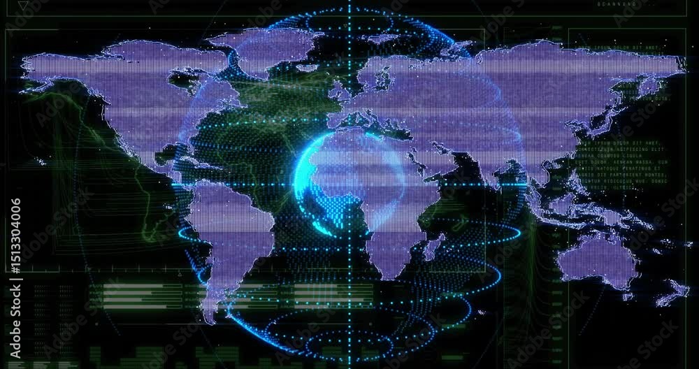 Poster dark ui initiating 3d dotted globe emerging rotating with pulsing scan rings visualizing live data
