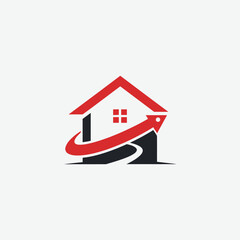 Minimalist logo featuring a red house and curved arrow, symbolizing growth and trust. Perfect for real estate branding