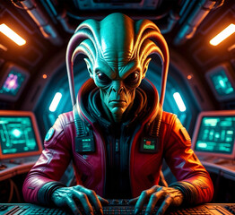 futuristic belligerent alien with tubes sticking out of his head. He works in the high-tech command center of a spacecraft controls the joystick. Contrasting lighting underlines the sci-fi atmosphere.