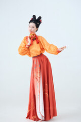 Beautiful dancers wearing ancient Tang Dynasty costumes and makeup performing classical dance