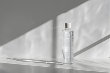 crystal-clear water bottle with visible condensation, placed on a clean surface with minimalist ad composition
