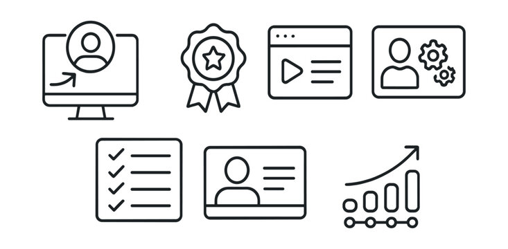 Line style icons of business innovation: user onboarding icon, welcome screen badge, setup tutorial panel, role configuration card, quickstart checklist layout, intro guide symbol, activation tracker