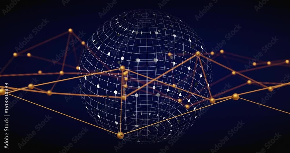 Aufkleber opening dark navy space rotating grid sphere with orange nodes forming network for insights