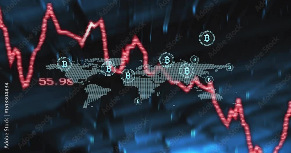 Poster opening red chart line sweeping map, bitcoin icons pulsing and labels updating showing volatility