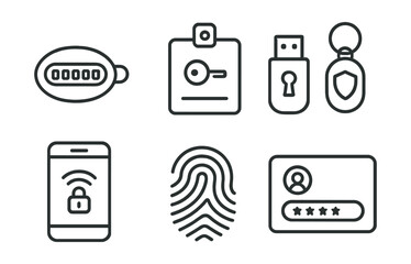 Line style icons of cybersecurity and privacy: security token icon, hardware key badge, USB dongle panel, physical authenticator tag, NFC token screen, biometric stick symbol, login with token layout