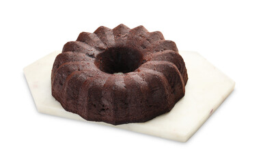Tasty chocolate bundt cake isolated on white