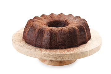 Tasty chocolate bundt cake isolated on white