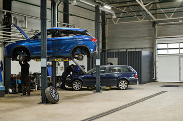 Car repair service. The auto is on a lift.