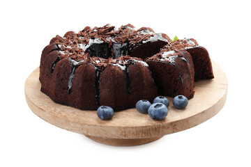 Delicious bundt cake with blueberries and chocolate shavings isolated on white