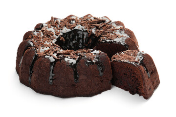 Delicious chocolate bundt cake isolated on white