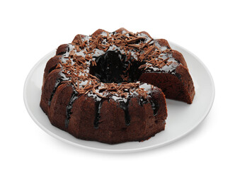 Delicious chocolate bundt cake isolated on white