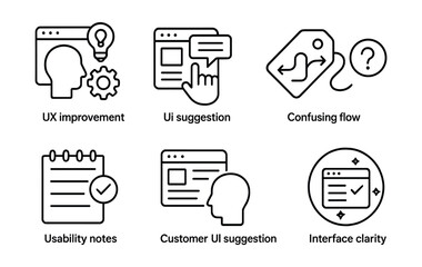 Line style icons of customer interaction: UX improvement icon, interface suggestion symbol, confusing flow tag, page feedback icon, usability note field, report confusing layout, customer UI