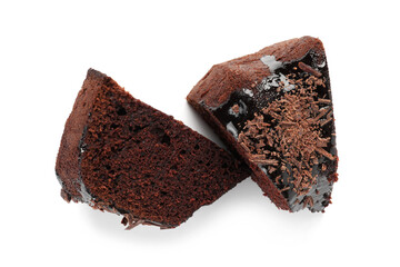 Pieces of delicious chocolate bundt cake isolated on white, above view