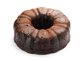 Delicious chocolate bundt cake isolated on white