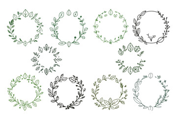 Minimalist Herb Circle Logo Vector Set, Featuring Simple Line Art of Leaves and Herbs Arranged in a Circular Shape,