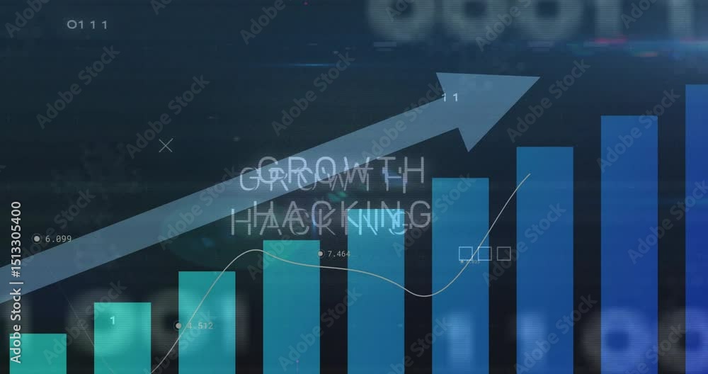 Poster on loading starting chart rising arrow pointing up showing trend with glitchy growth hacking text