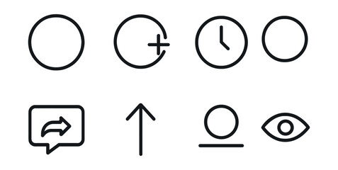 Line style icons of social media content: story circle icon, story upload badge, disappearing content timer, story ring progress, reply to story icon, swipe up arrow, story highlight tag, story view