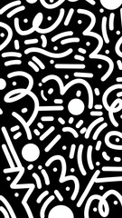 Abstract Memphis Style Doodle Pattern on Black Background.