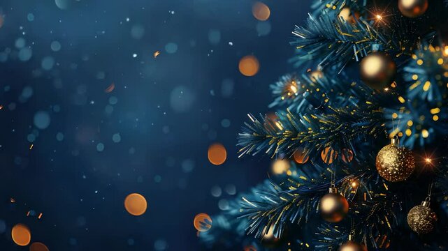A beautifully decorated holiday tree with golden ornaments and soft lights, set against a deep blue background with bokeh and snow effects, evokes the festive spirit of the season.