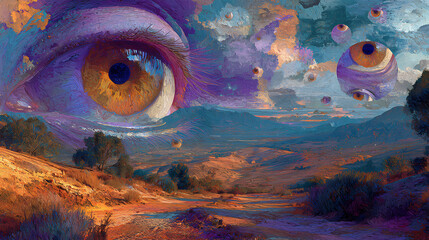 magazine visual on subconscious | dislocated psyche | dreamlike confusion | copper light and shadow purple | dispersed dreamscape | eyeballs in sky | reflected impossibility | symbolic shadow casting
