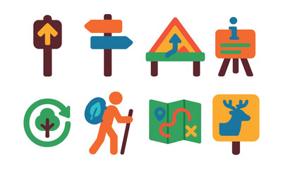 Flat vector icons of nature trails and signs: trail marker, direction post, elevation sign, info plaque, nature loop, eco hike icon, park map, wildlife zone sign.
