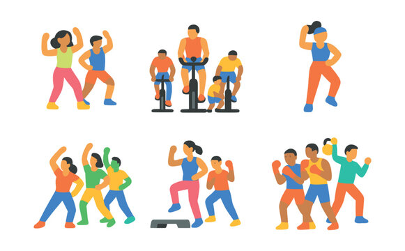 Flat vector icons of group fitness classes: Zumba, spin class, bootcamp group, aerobics instructor, dance fitness, step class, boxing group, circuit session.