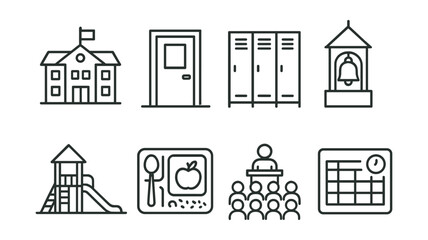 Fototapeta premium Line style icons of school environment: school building, classroom door, hallway locker, school bell tower, playground icon, cafeteria tray, morning assembly, school timetable.